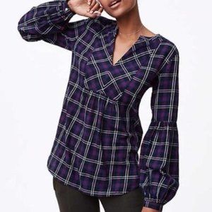 LOFT Black and Plaid Long Sleeve Blouse with Puff Sleeves Size Medium